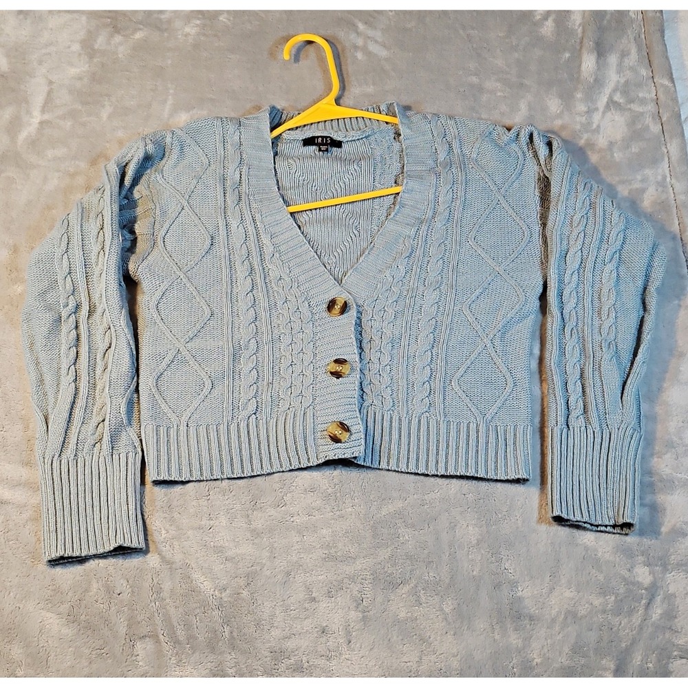 IRIS Blue Cable Knit Cropped Cardigan Sweater V-Neck Button Front XL